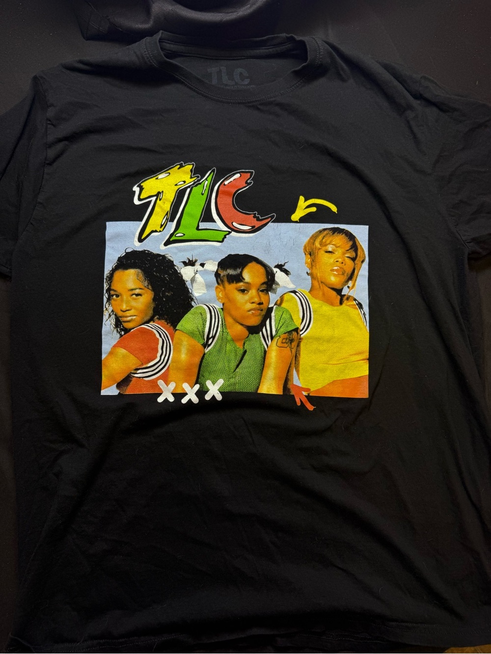 TLC Graphic Crew Neck T-Shirt - Black with Colorful Band Print (XL)